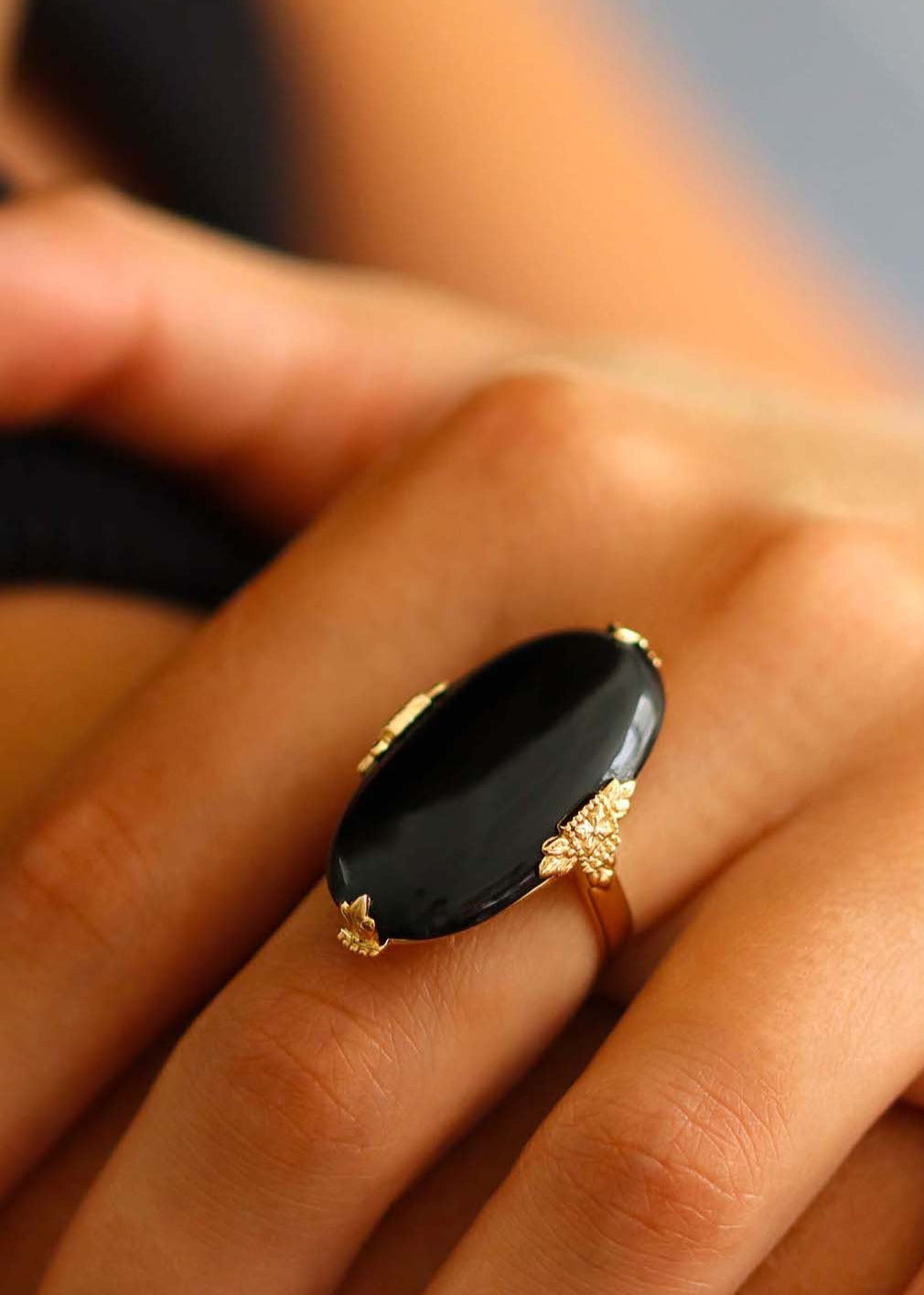 Bague Marquise Art Déco Joséphine plaqué or Onyx noir – Lambertine