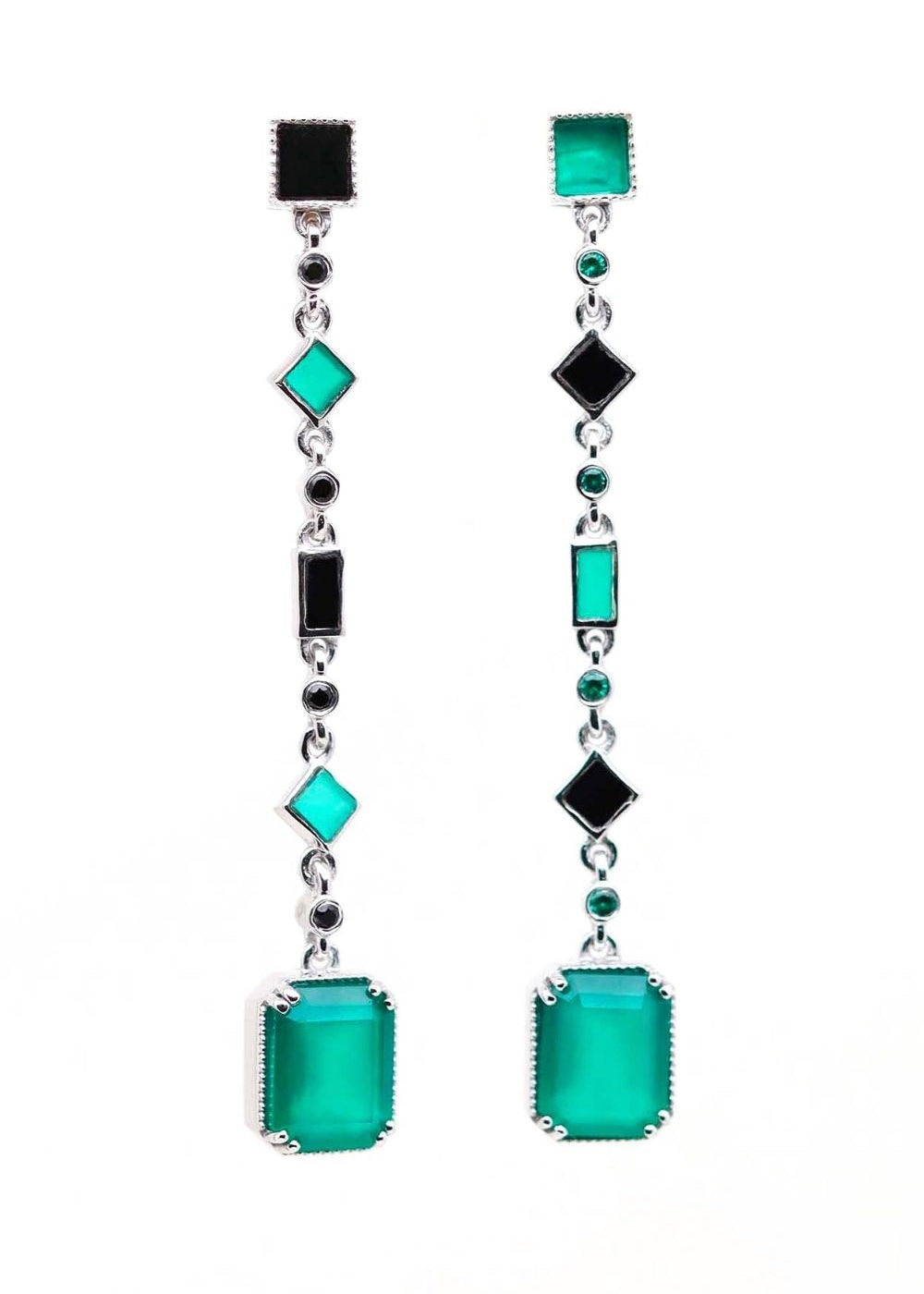 boucles d'oreilles longues de style art déco en argent, onyx noir et onyx vert
