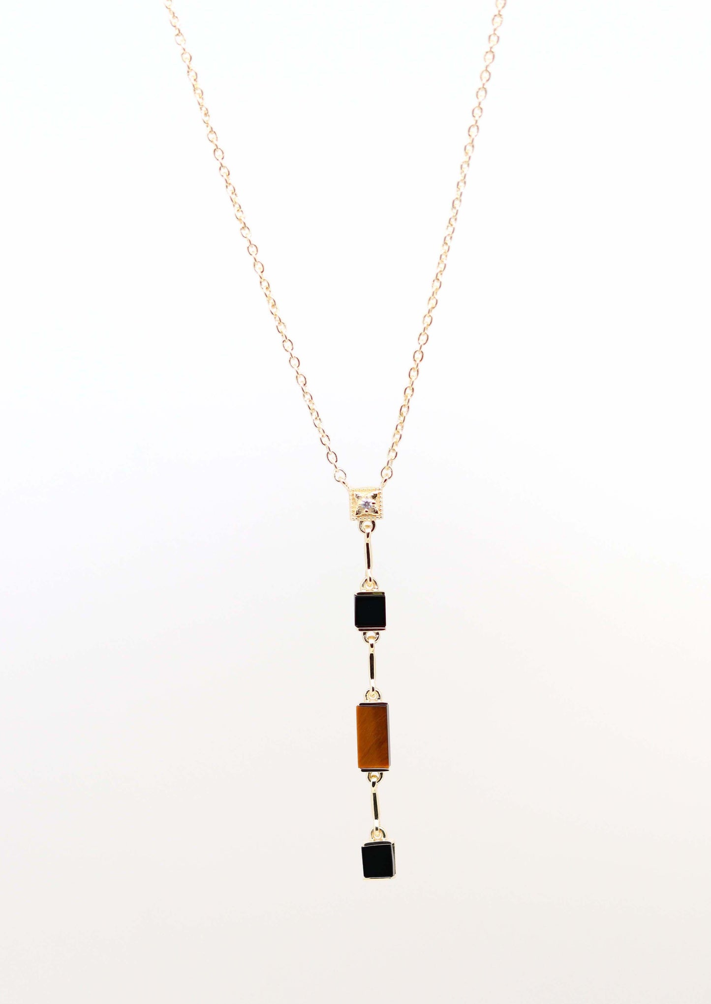 Collier Y style Art Déco onyx et oeil de tigre