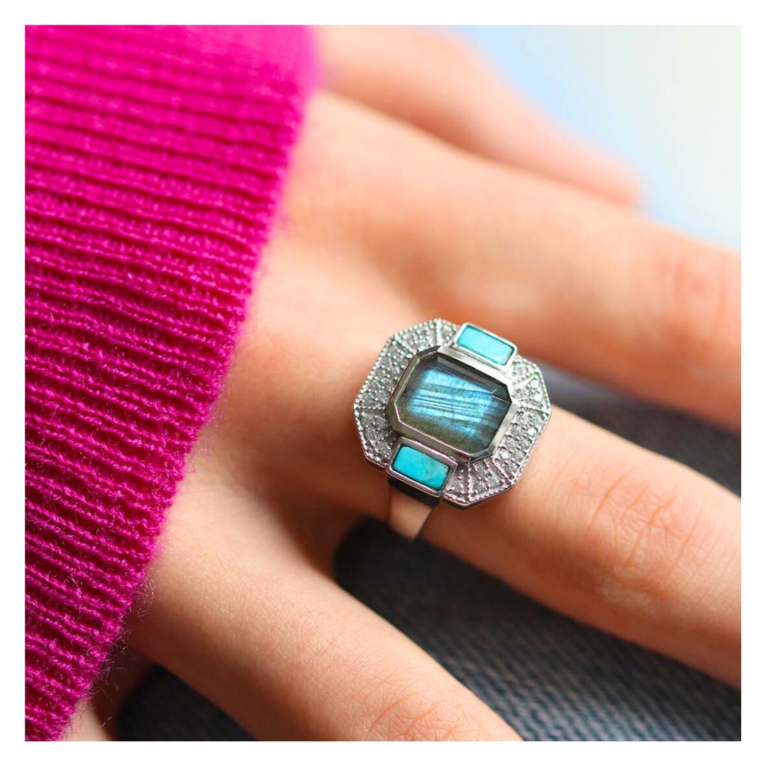 Bague art déco en argent et pierres gemmes
