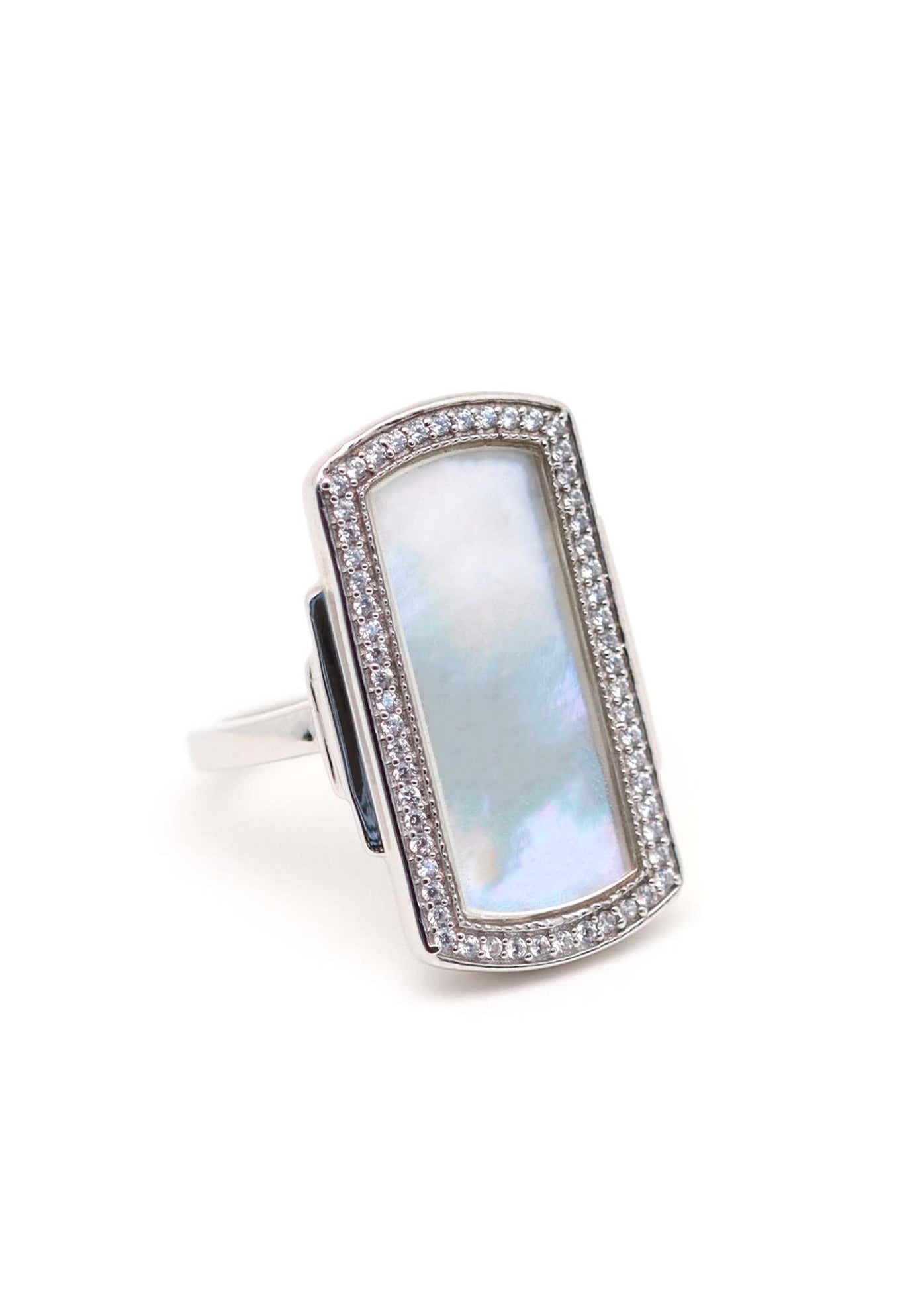 Bague argent de style art déco rectangulaire et ornée de nacre