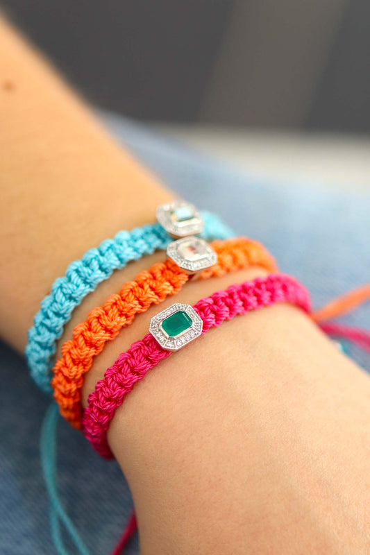 Bracelet cordon orange avec élément central de style art déco en argent et pierre de lune