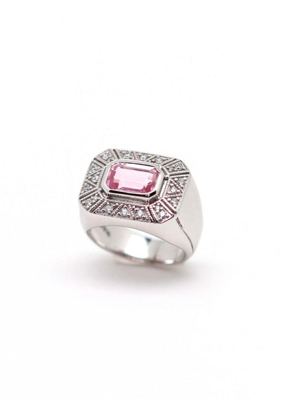 bague art deco argent ornée d'un quartz rose facetté