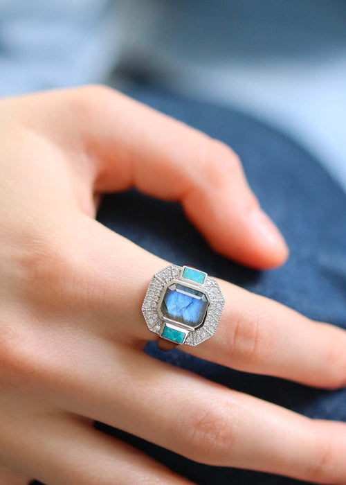 Bague art déco en argent et pierres naturelles