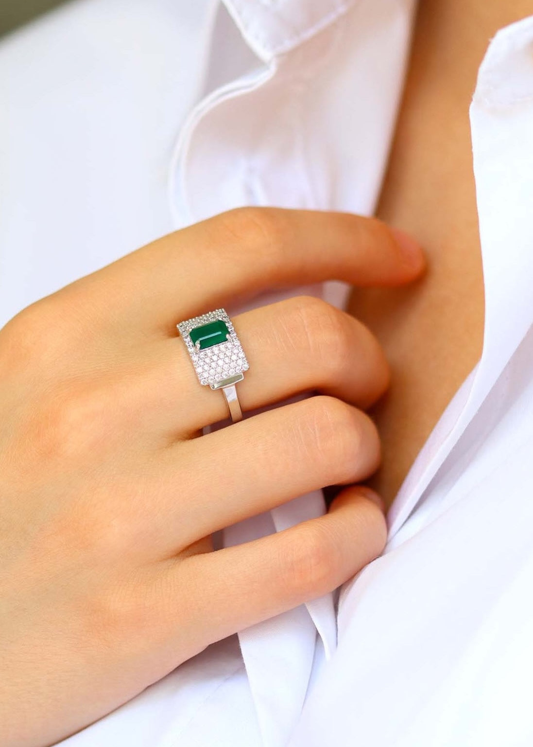 Bague art déco femme en argent et onyx vert