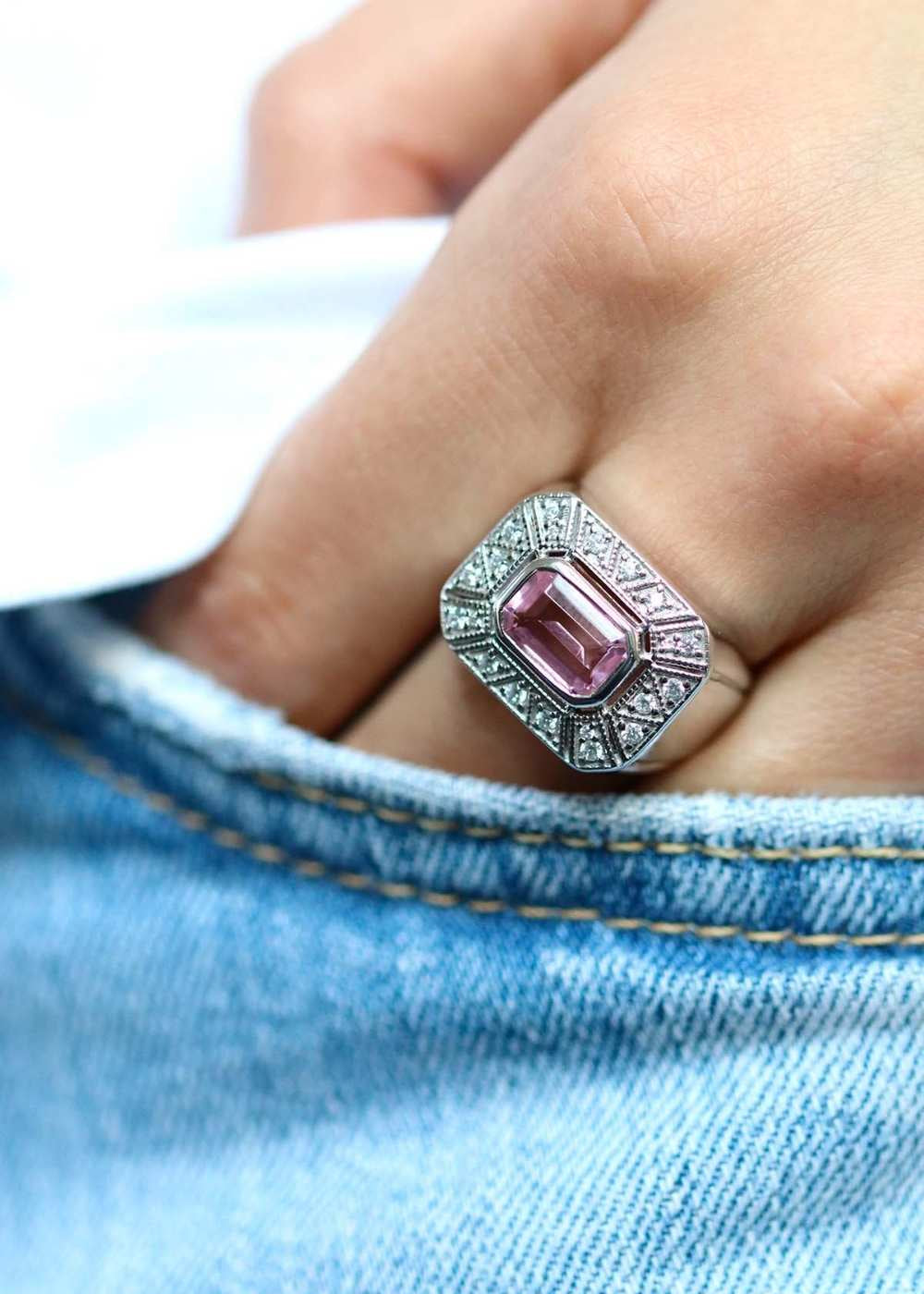 Bague Art Déco Argent Et Or 18k Avec Quartz Rose - Taille 53, Occasion, Métal Argent Massif
