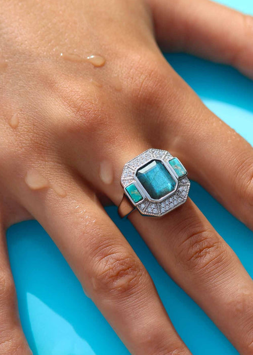 Bague art déco en argent labradorite et turquoise