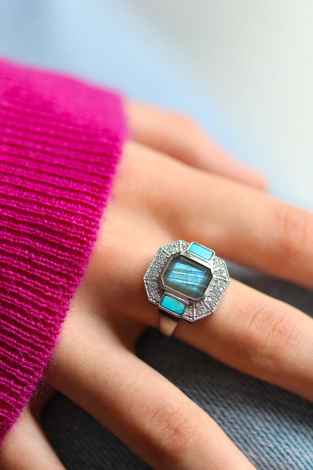 Bague Art Déco Célestine Argent 925, Labradorite et Turquoise