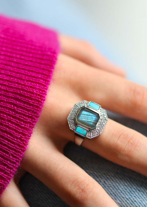 Art Deco Celestine Silver Labradorite and Turquoise ring