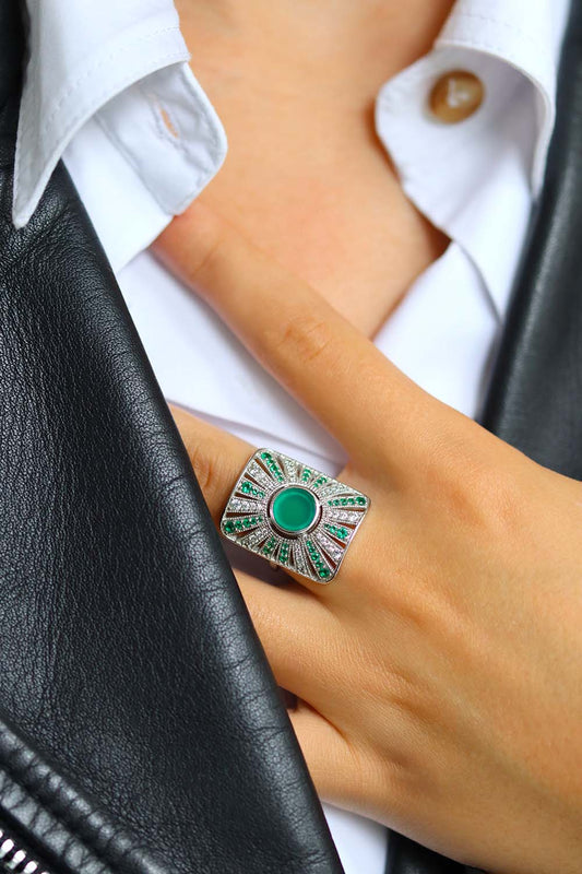 Bague femme argent ornée d'onyx vert