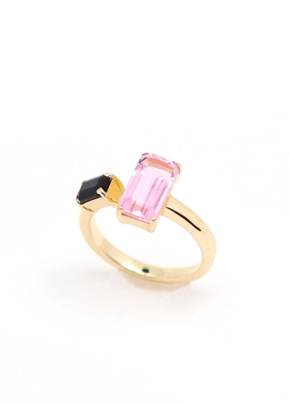 Bague plaqué or avec 2 pierres en toi et moi: quartz rose et onyx noir