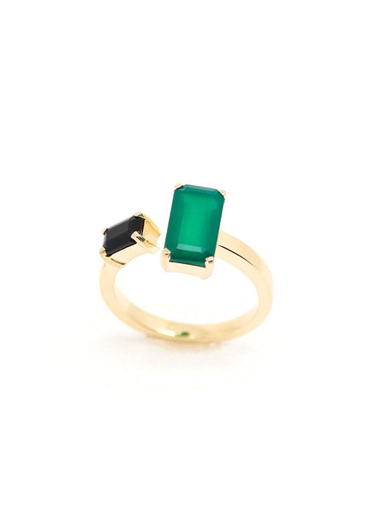 Bague plaqué or avec 2 pierres en toi et moi: onyx vert et onyx noir
