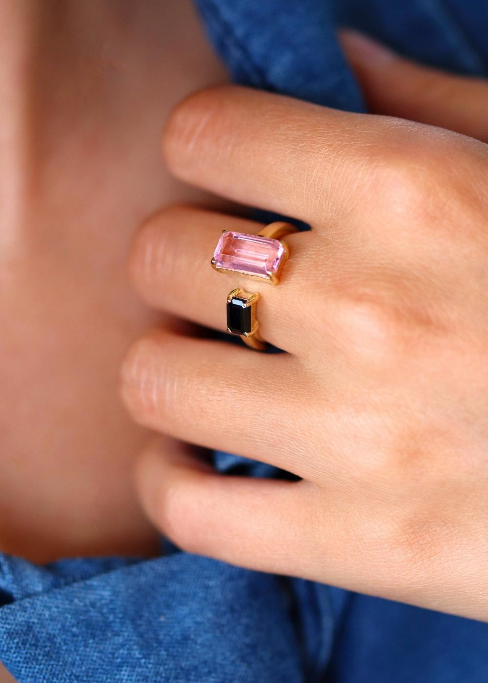 bague toi et moi quartz rose et onyx noir