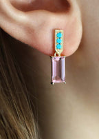 Boucles d'oreilles plaqué or pendantes rectangulaires en quartz rose