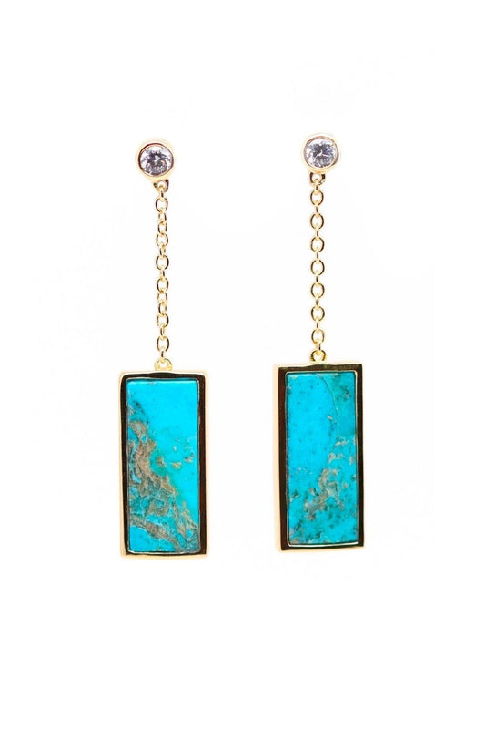 boucles d'oreilles pendantes plaqué or sur chaîne avec pendentif rectangulaire en turquoise