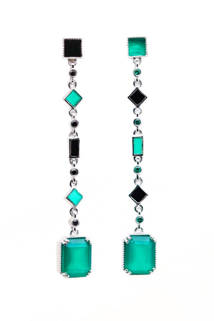 boucles d'oreilles longues de style art déco en argent, onyx noir et onyx vert