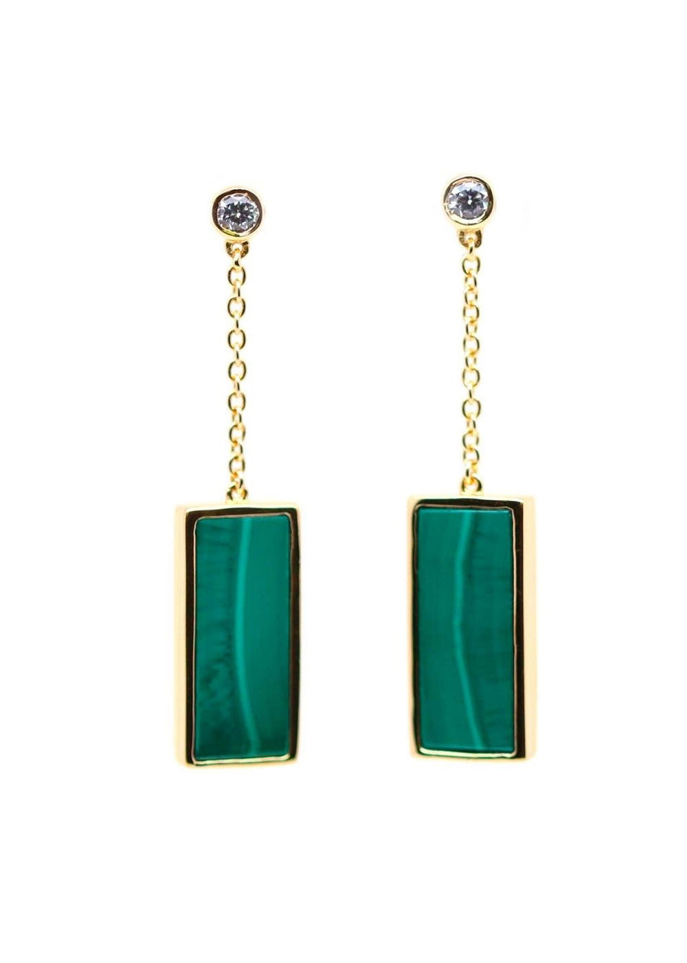 boucles d'oreilles pendantes sur chaîne avec pendentif réctangulaire en malachite