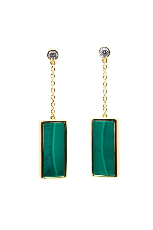 boucles d'oreilles pendantes sur chaîne avec pendentif réctangulaire en malachite