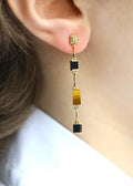 Boucles d'oreilles pendantes en oeil de tigre et onyx noir