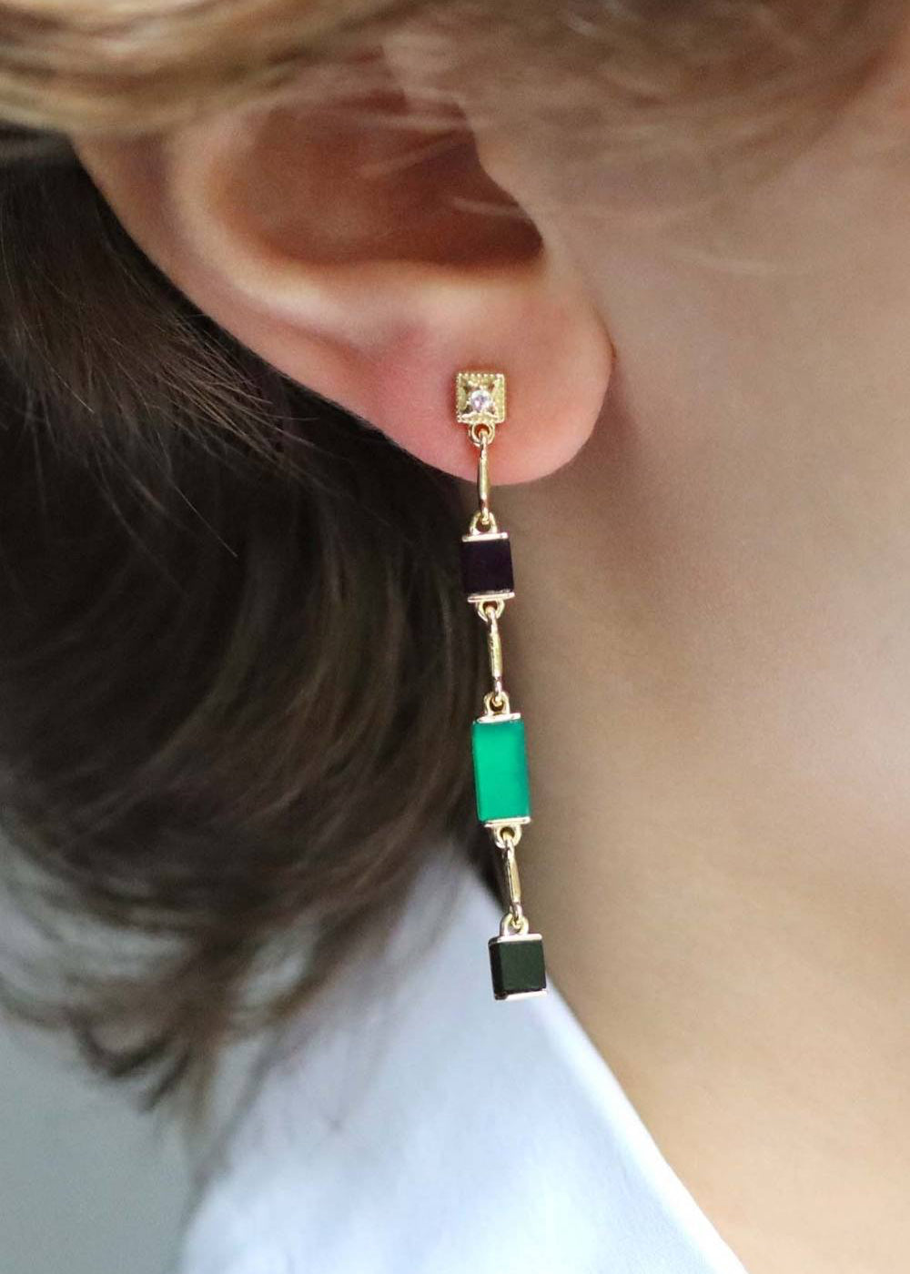 Boucles d'oreilles pendantes en onyx vert et onyx noir