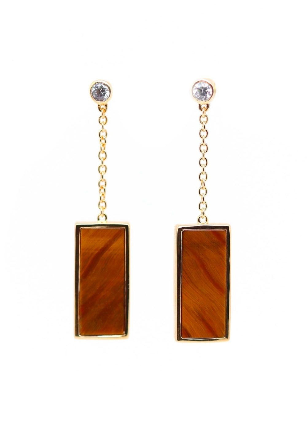 boucles d'oreilles pendantes sur chaîne avec pendentif rectangulaire en oeil de tigre