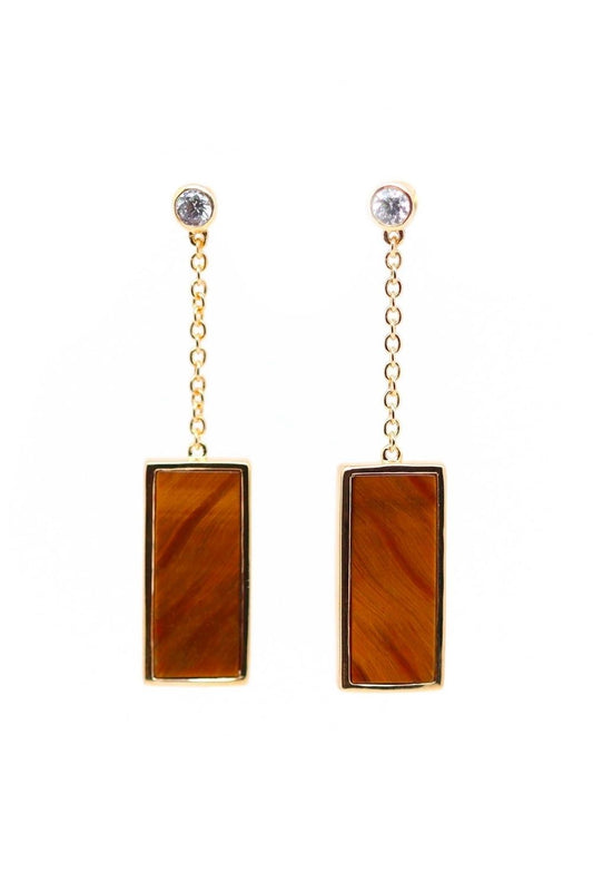 boucles d'oreilles pendantes sur chaîne avec pendentif rectangulaire en oeil de tigre