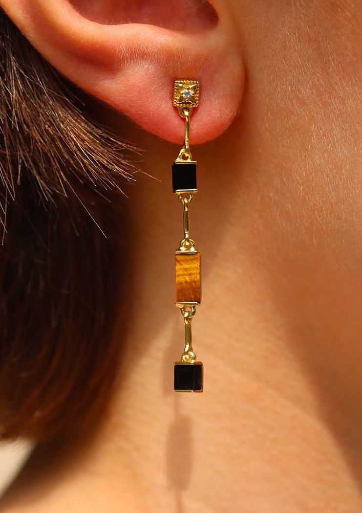 Boucles d'oreilles longues oeil de tigre et onyx noir