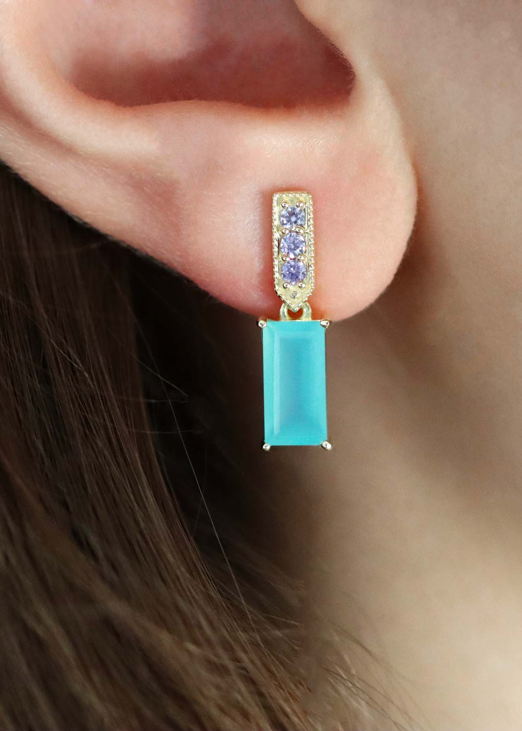 Boucles d'oreilles plaqué or pendantes rectangulaires en calcédoine d'eau