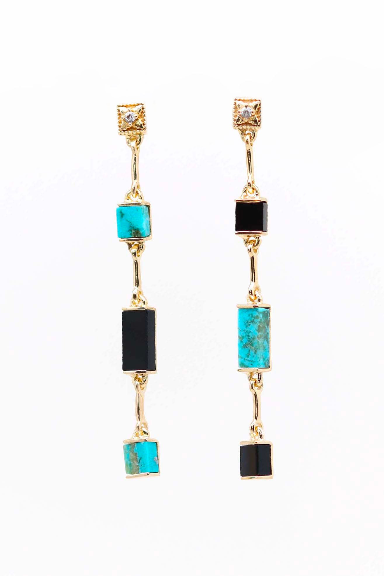 Boucles d'oreilles longues d'inspiration Art Déco plaqué or et ornées de turquoise et d'onyx noir