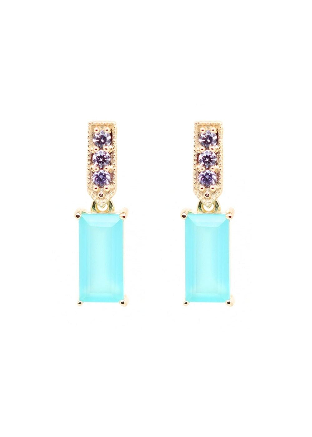 Boucles d'oreilles plaqué or pendantes rectangulaires en calcédoine d'eau