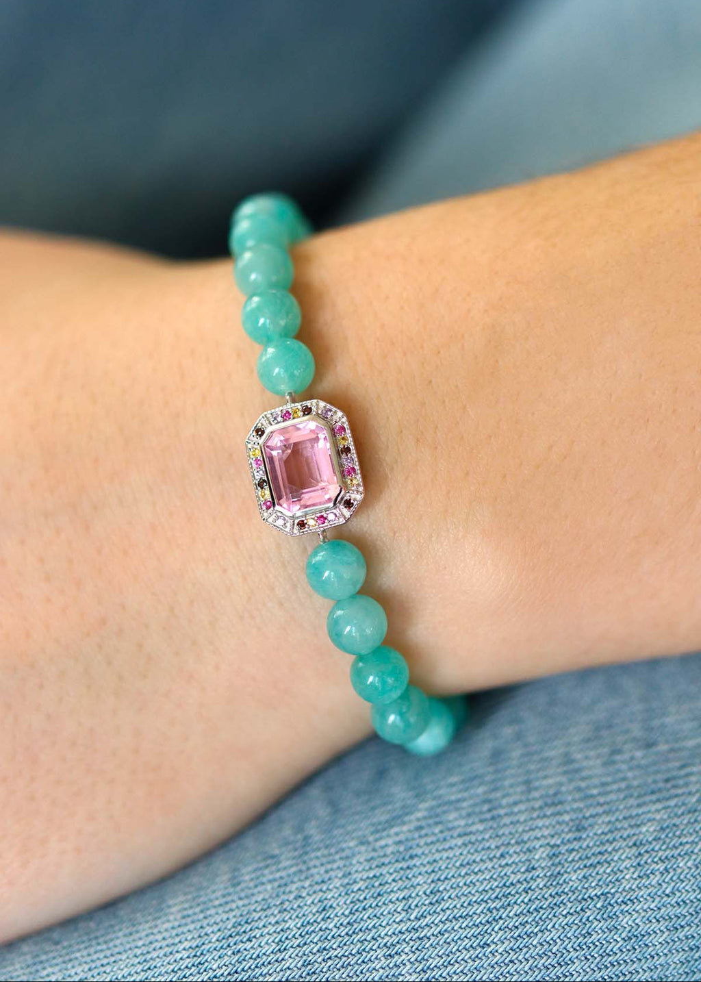 bracelet art deco en argent, quartz rose et perles en aamazonite