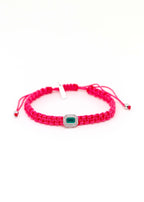 Bracelet tressé fuchsia avec élément octogonal de style art déco en argent et orné d'onyx vert