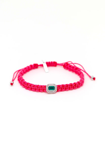 Bracelet tressé fuchsia avec élément octogonal de style art déco en argent et orné d'onyx vert