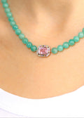 collier art deco en argent, quartz rose et amazonite