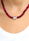 Collier art deco en argent, pierre de lune et perles d'oeil de tigre rose