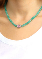 collier art deco en argent, quartz rose et perles en amazonite