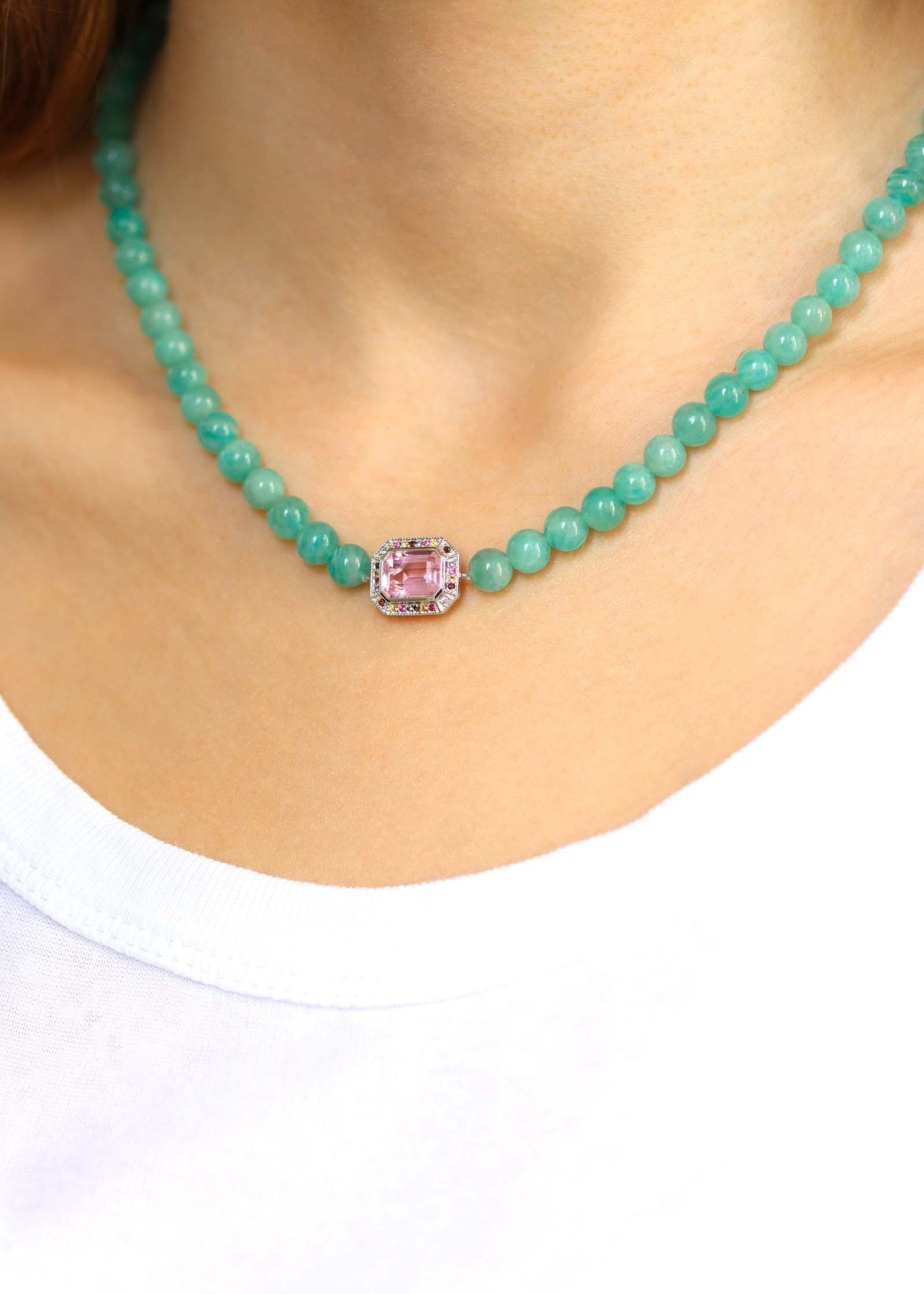 collier art deco en argent, quartz rose et perles en amazonite