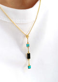 collier Y plaqué or style Art déco orné de turquoise et d'onyx noir