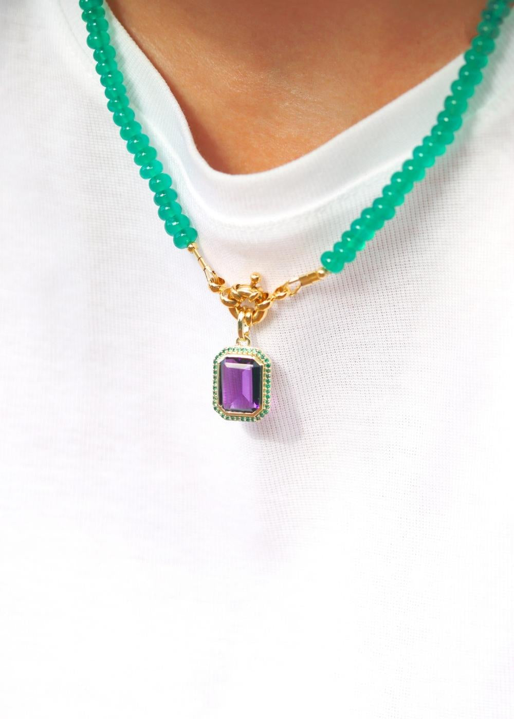 Collier onyx vert et pendentif améthyste