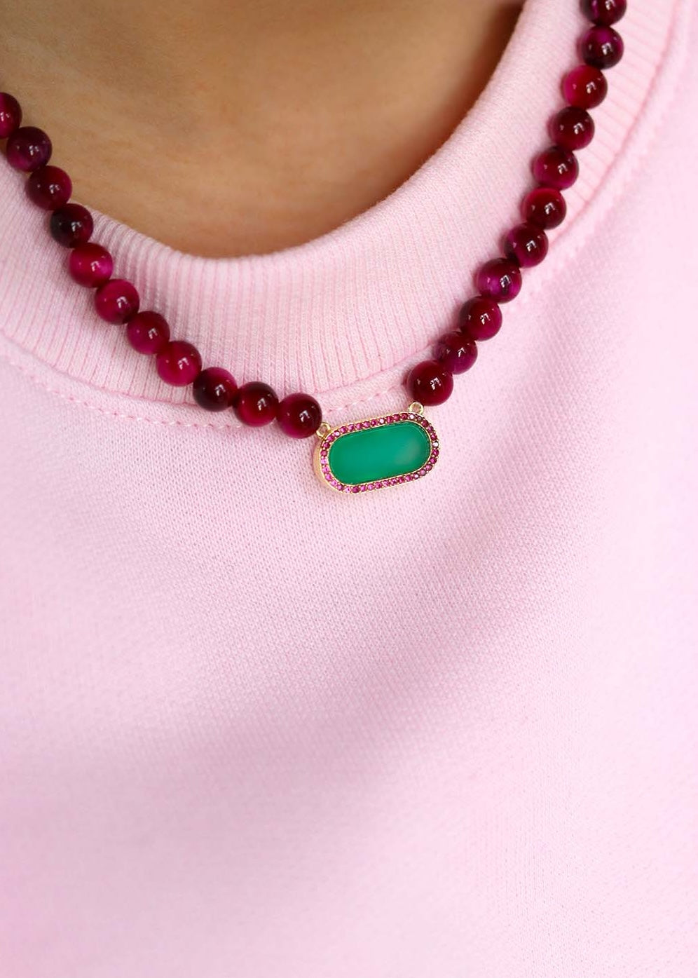 Ernestine: Collier Oeil de tigre rose et Onyx vert