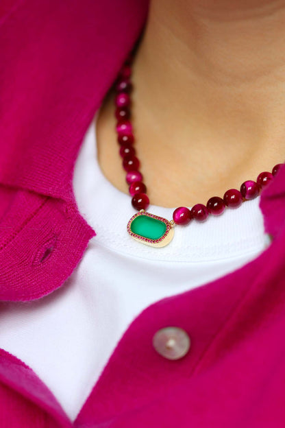 Collier Ernestine Oeil de tigre rose et Onyx vert