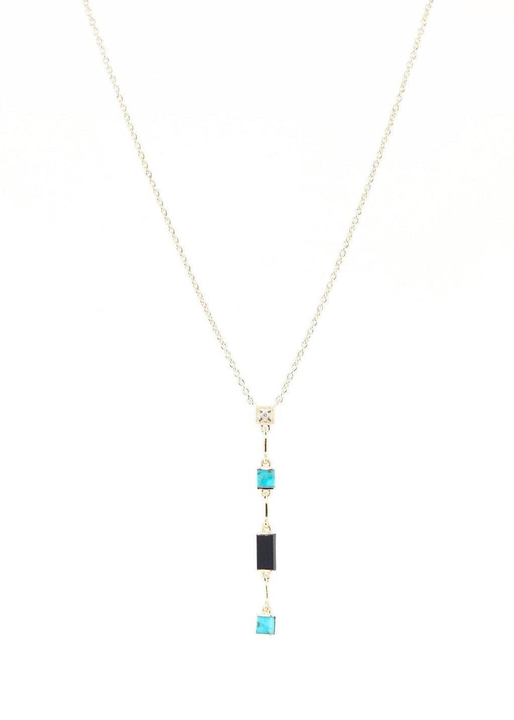 Collier plaqué or de forme Y avec pendentif en turquoise et onyx noir