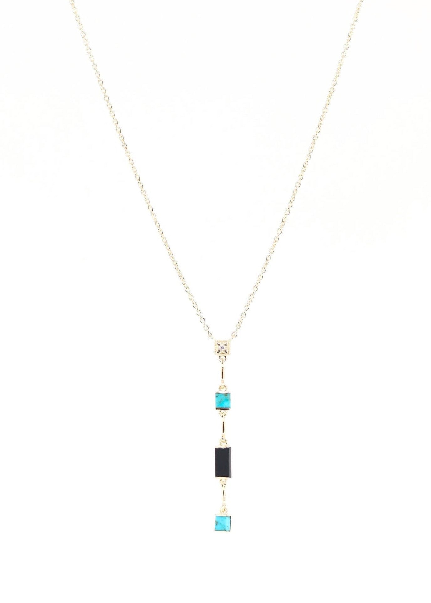 Collier plaqué or de forme Y avec pendentif en turquoise et onyx noir