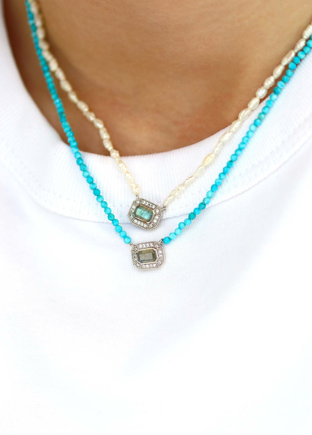 Collier court en perles d'eau douce et pendentif argent art déco