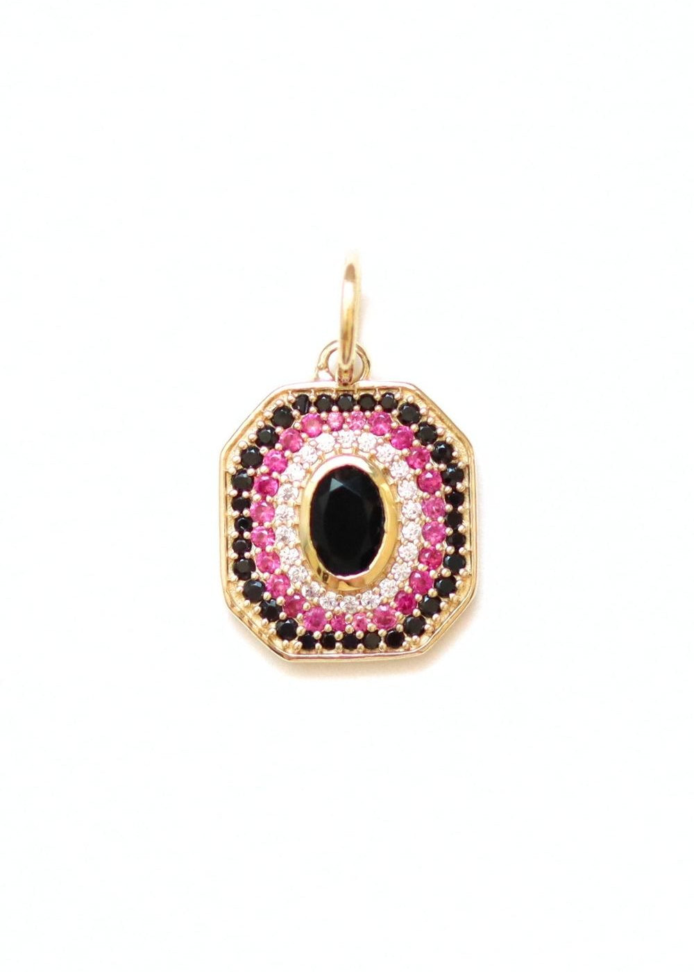 pendentif art déco orné d'un onyx noir facetté et de zircons roses et noirs