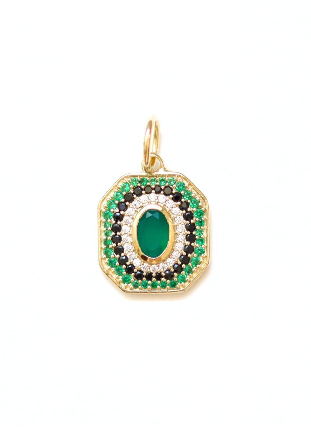pendentif art deco plaqué or orné d'onyx vert et de zircons verts et noirs