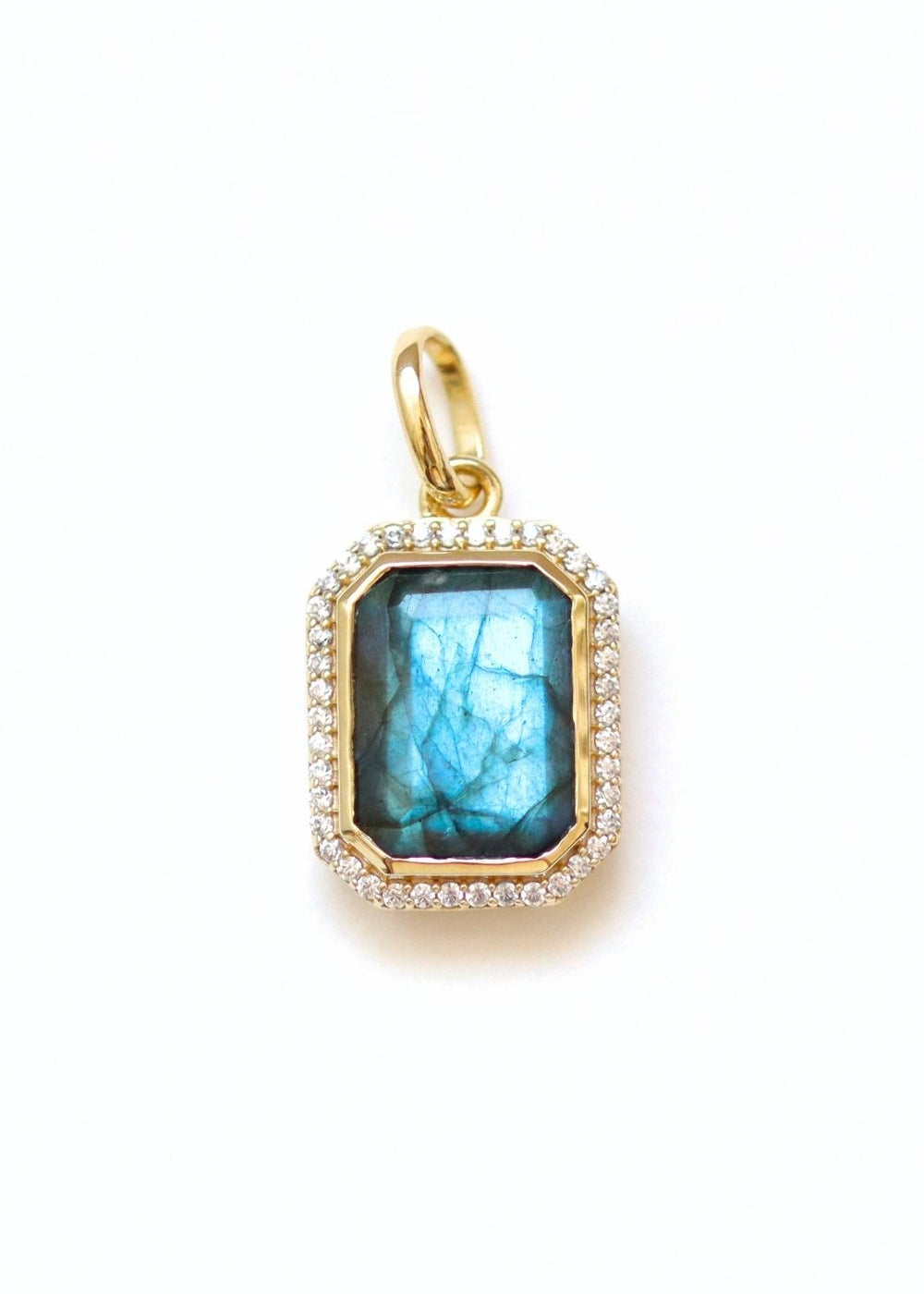 Pendentif octogonal plaqué or orné de labradorite et de zircons