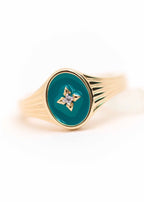 Bague chevalière dorée vintage émail bleu